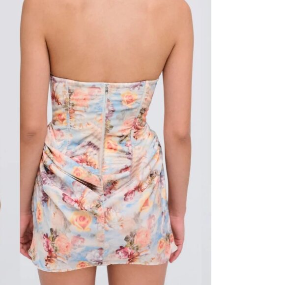 NWT FOR LOVE AND LEMONS DELPHINE RUCHED STRAPLESS BLUE DRESS W/ROSE PRINT S - Picture 3 of 6